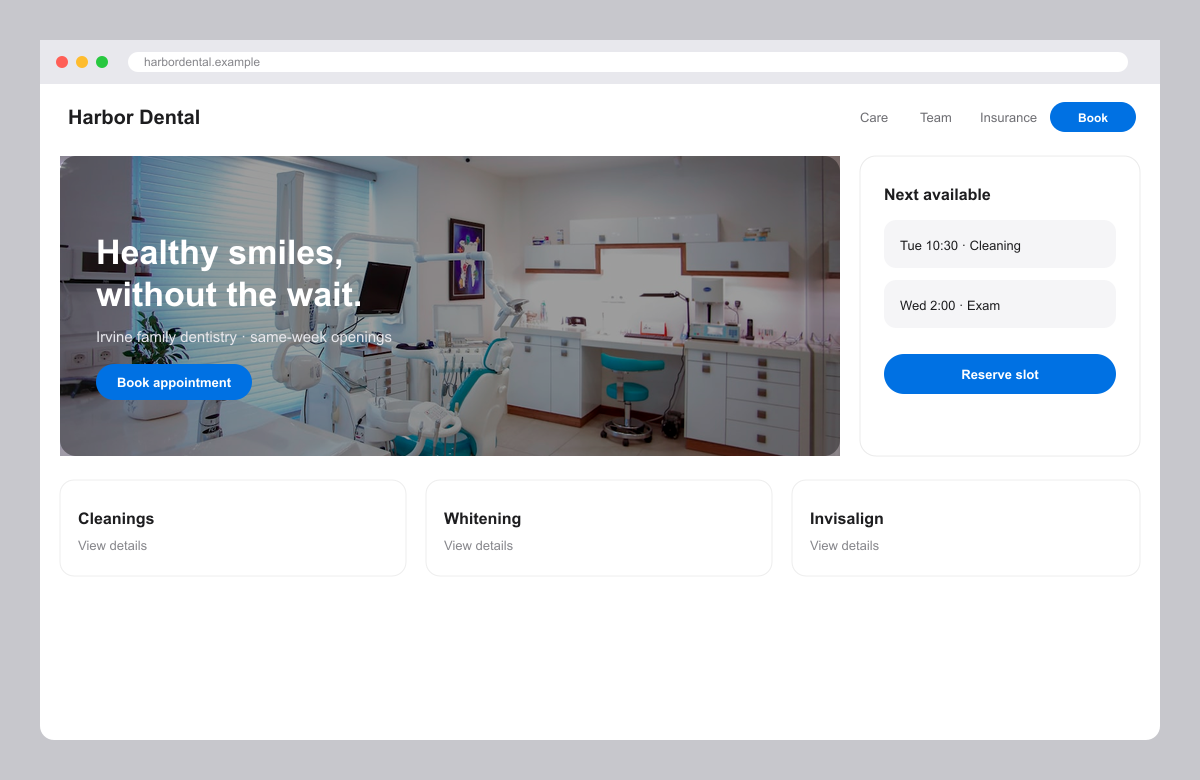 Dental practice homepage website mockup