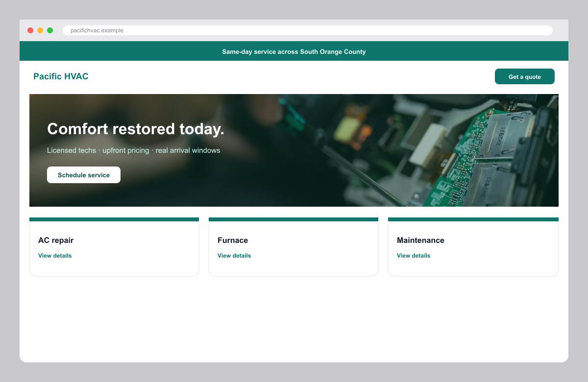 Home services website mockup